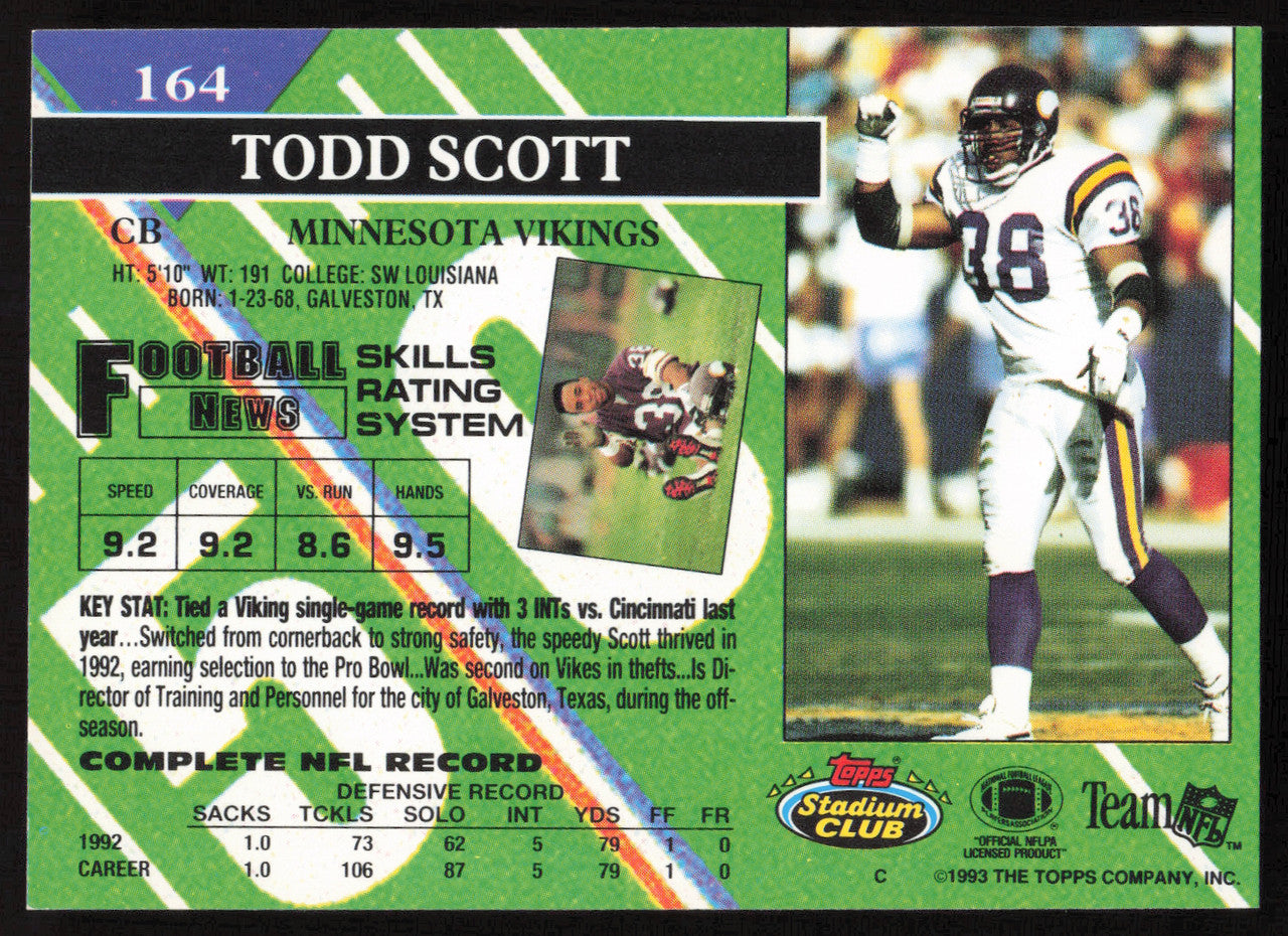 Todd Scott Autographed 1993 Stadium Club Card #164 Minnesota Vikings SKU #260972