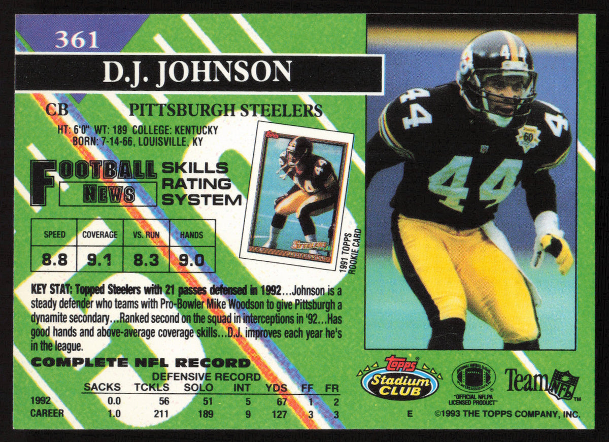 D.J. Johnson Autographed 1993 Stadium Club Card #361 Pittsburgh Steelers SKU #260973