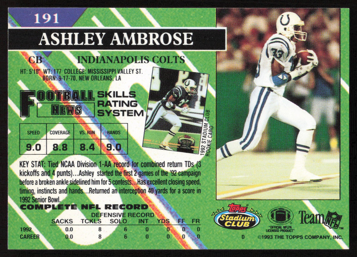 Ashley Ambrose Autographed 1993 Stadium Club Card #191 Indianapolis Colts SKU #260979