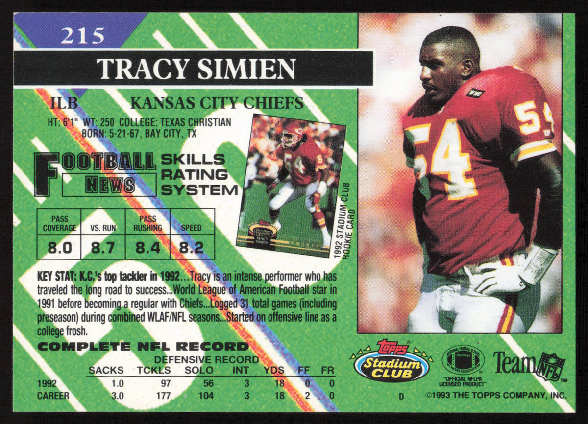 Tracy Simien Autographed 1993 Stadium Club Card #215 Kansas City Chiefs SKU #260982