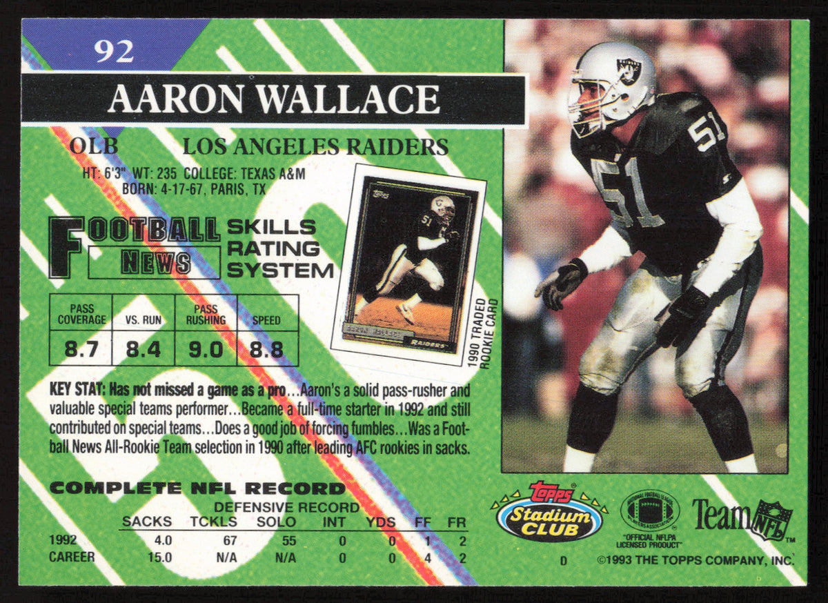 Aaron Wallace Autographed 1993 Stadium Club Card #92 Los Angeles Raiders SKU #260983