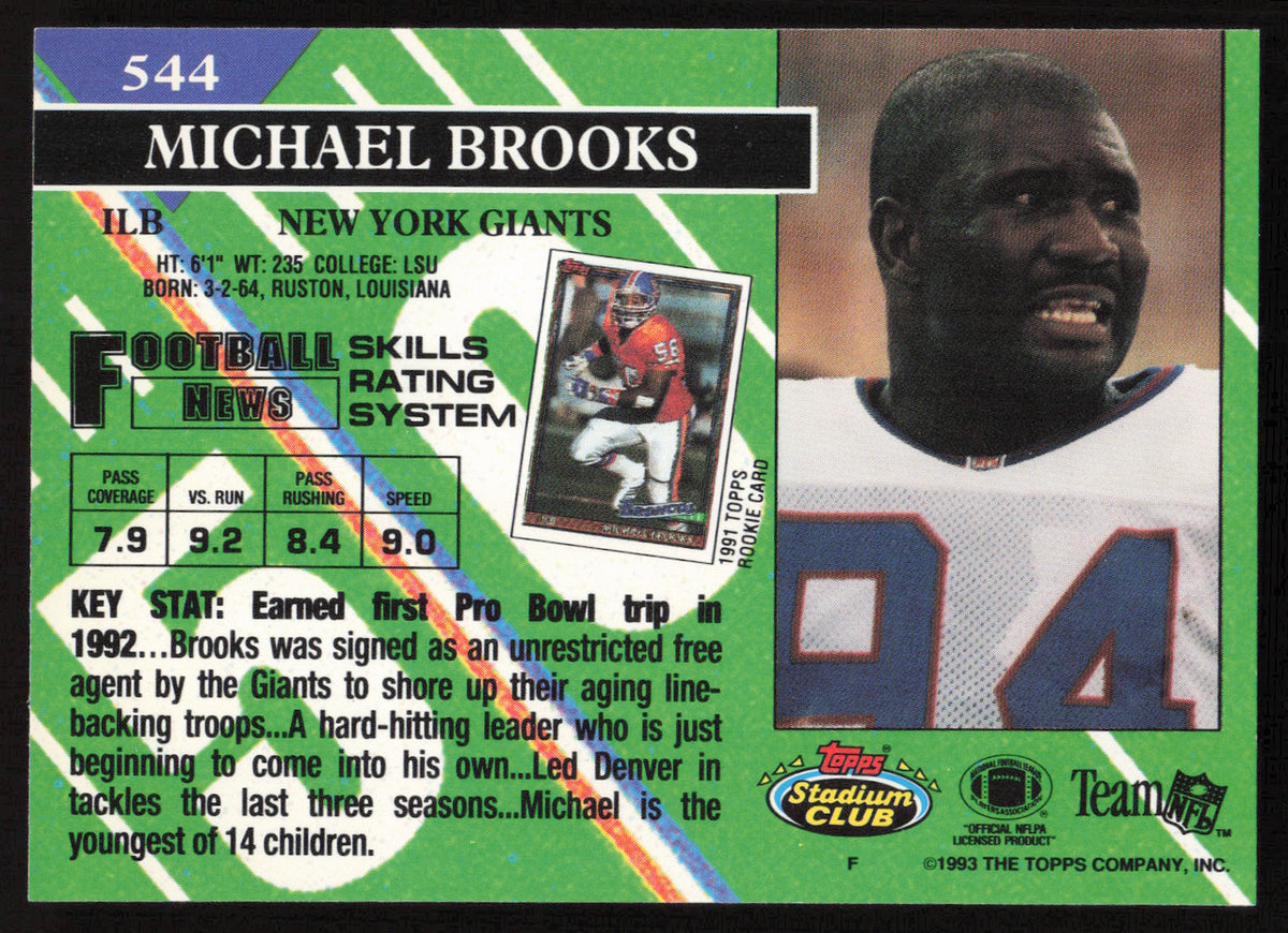 Michael Brooks Autographed 1993 Stadium Club Card #544 New York Giants SKU #260984
