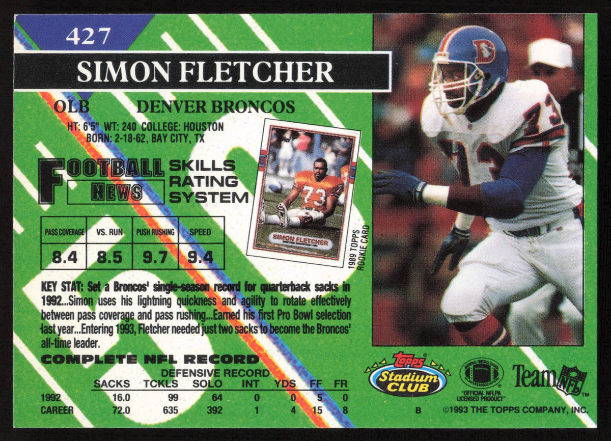 Simon Fletcher Autographed 1993 Stadium Club Card #427 Denver Broncos SKU #260985