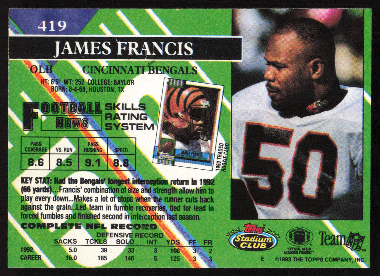 James Francis Autographed 1993 Stadium Club Card #419 Cincinnati Bengals SKU #260986