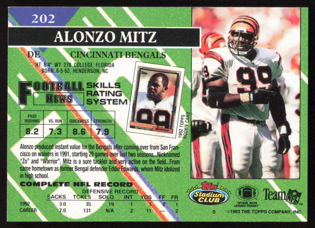 Alonzo Mitz Autographed 1993 Stadium Club Card #202 Cincinnati Bengals SKU #260987
