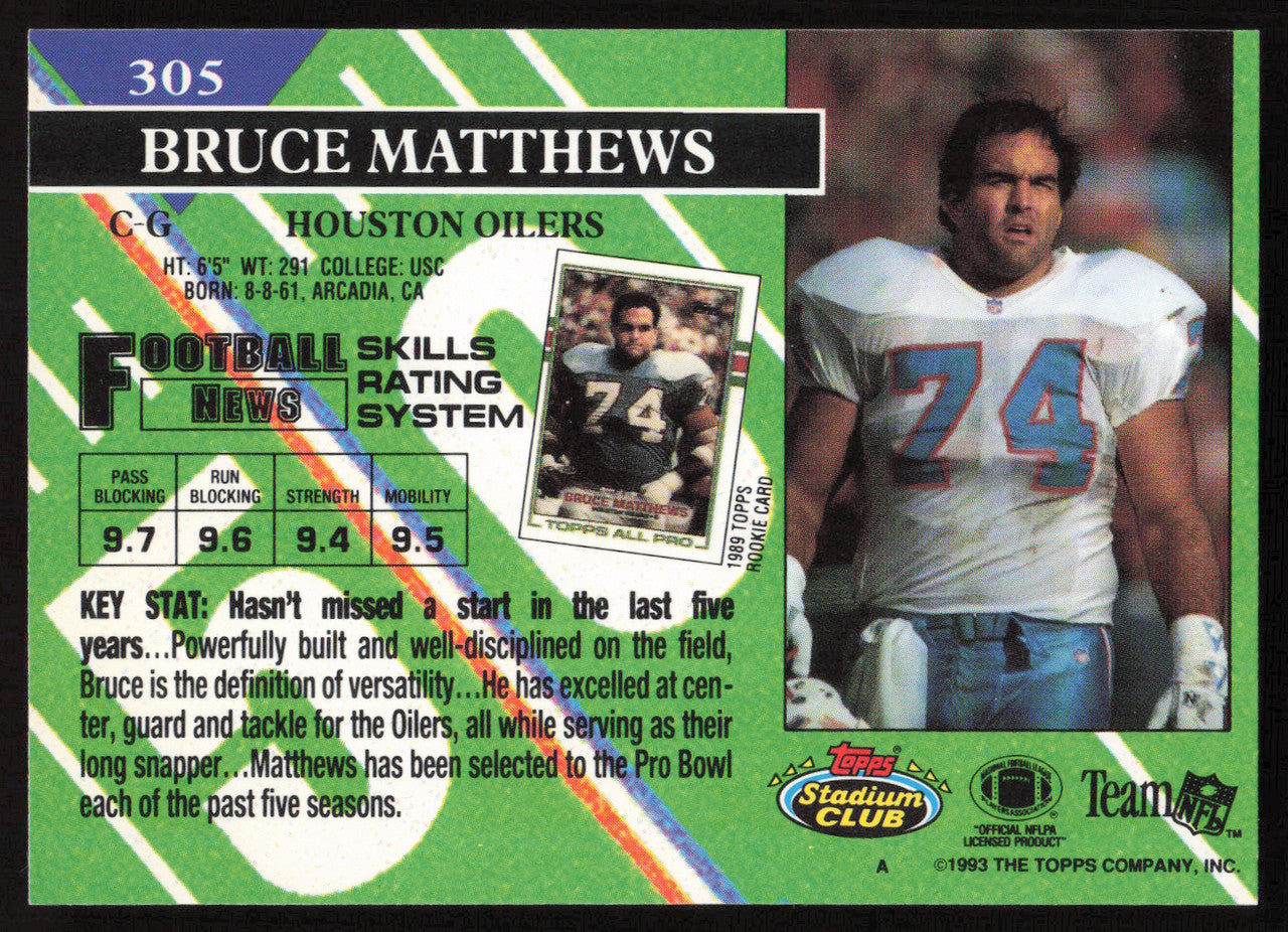Bruce Matthews Autographed 1993 Stadium Club Card #305 Houston Oilers SKU #260993