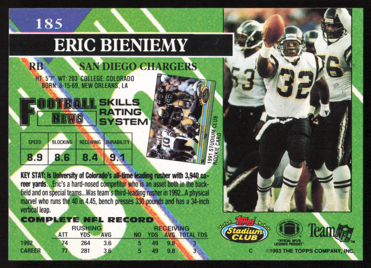 Eric Bieniemy Autographed 1993 Stadium Club Card #185 San Diego Chargers SKU #261002
