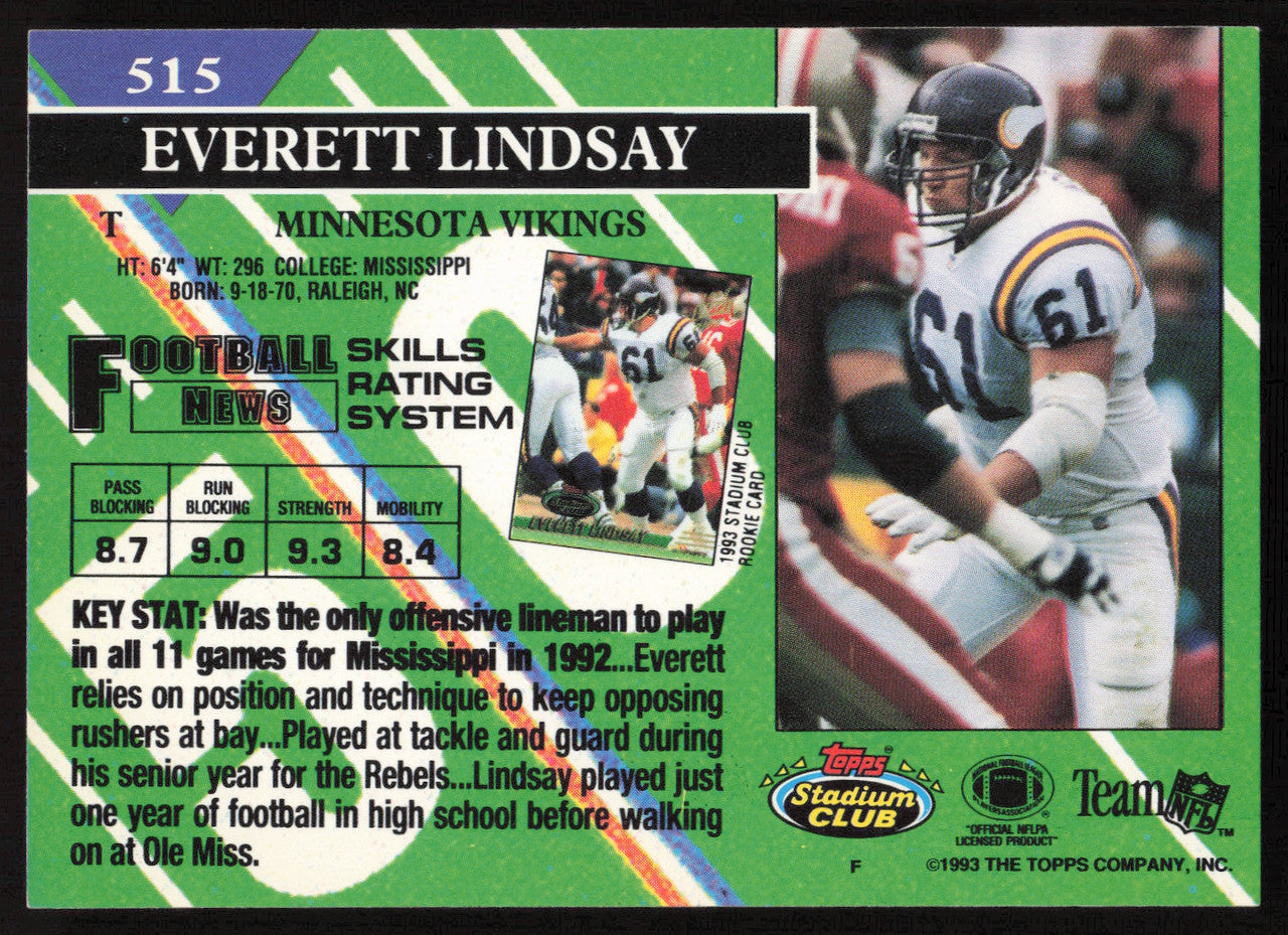 Everett Lindsay Autographed 1993 Stadium Club Card #515 Minnesota Vikings SKU #261008
