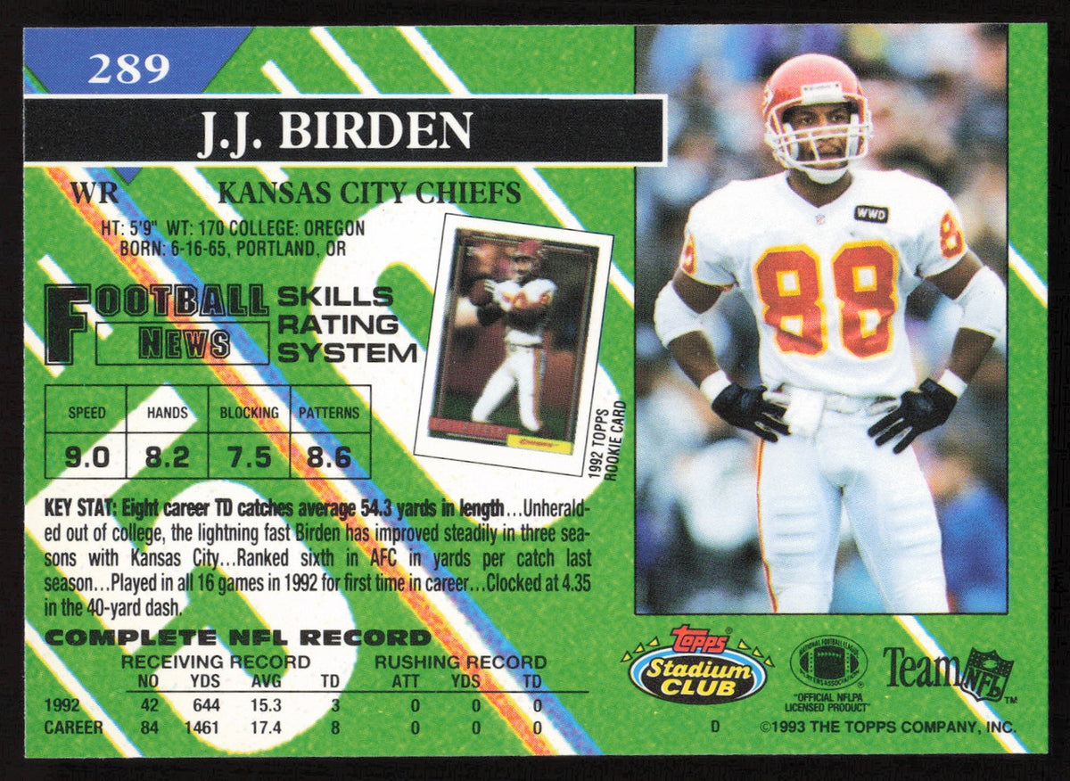 J.J. Birden Autographed 1993 Stadium Club Card #289 Kansas City Chiefs SKU #261011