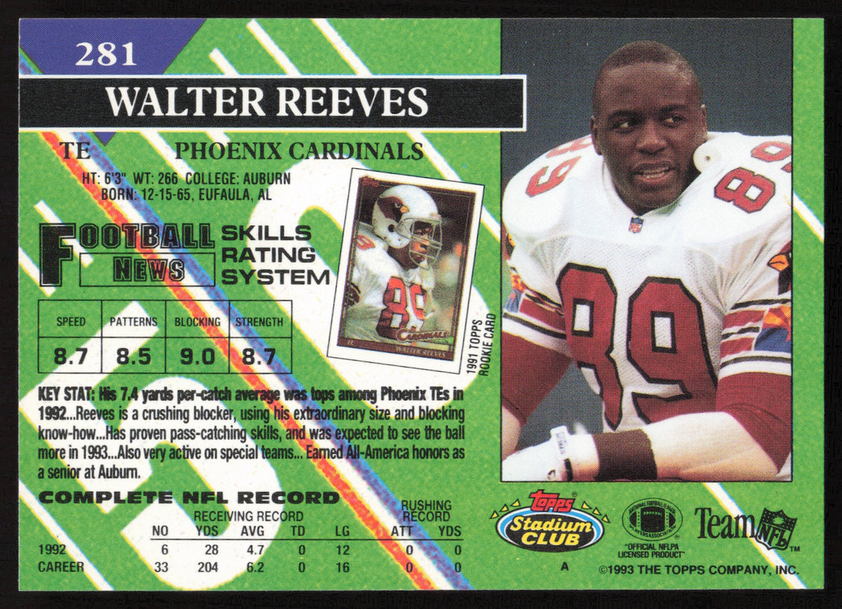 Walter Reeves Autographed 1993 Stadium Club Card #281 Arizona Cardinals SKU #261013
