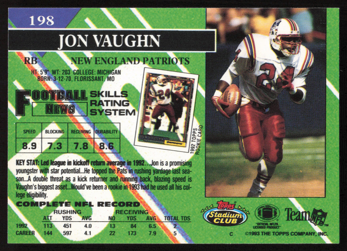 Jon Vaughn Autographed 1993 Stadium Club Card #198 New England Patriots SKU #261017