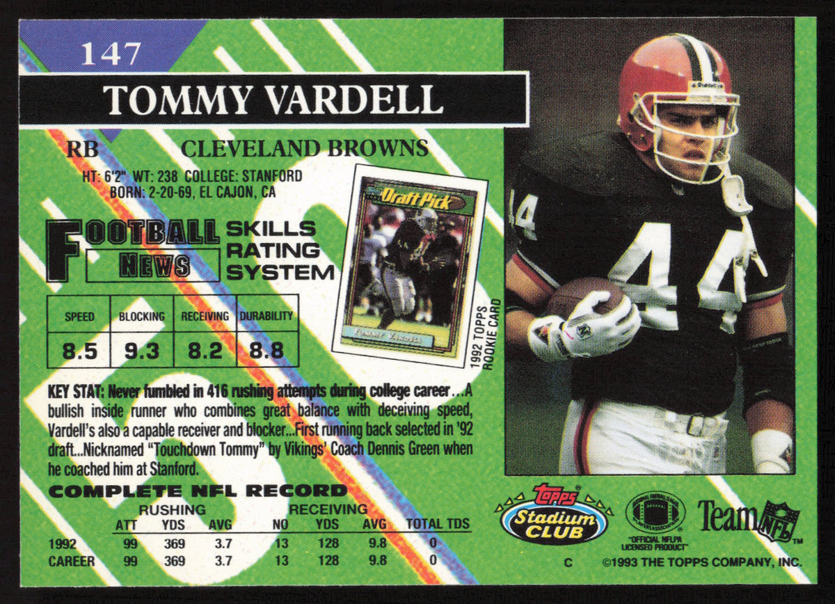 Tommy Vardell Autographed 1993 Stadium Club Card #147 Cleveland Browns SKU #261018