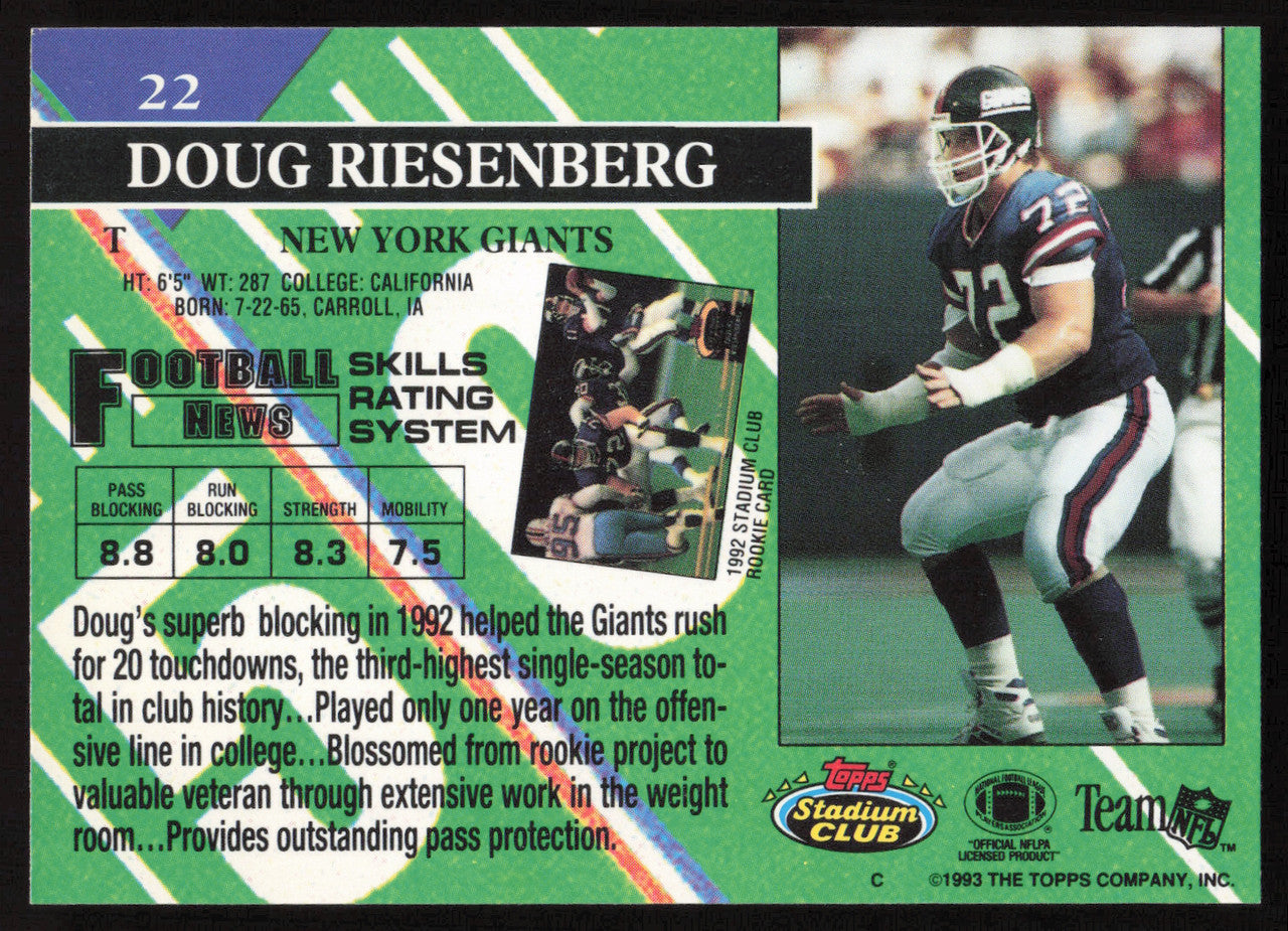 Doug Riesenberg Autographed 1993 Stadium Club Card #22 New York Giants SKU #261036