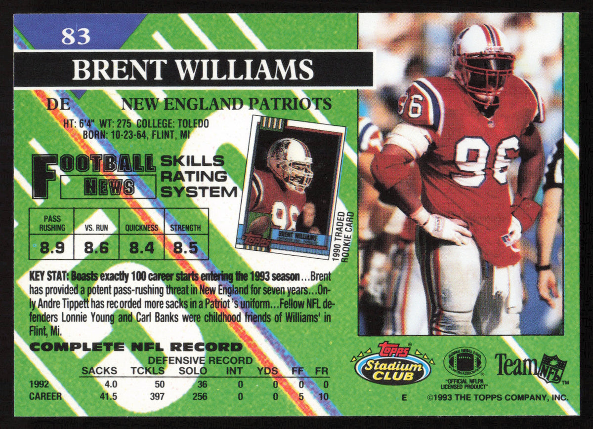 Brent Williams Autographed 1993 Stadium Club Card #83 New England Patriots SKU #261039
