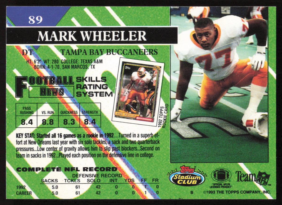 Mark Wheeler Autographed 1993 Stadium Club Card #89 Tampa Bay Buccaneers SKU #261041