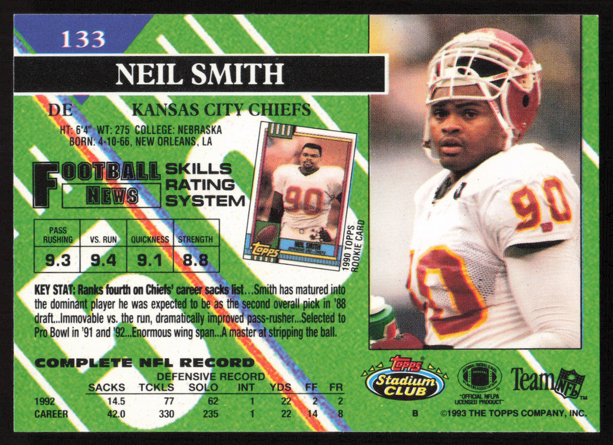 Neil Smith Autographed 1993 Stadium Club Card #133 Kansas City Chiefs SKU #261042