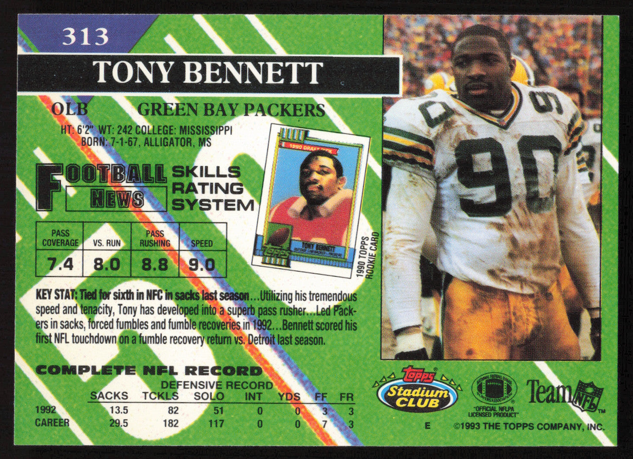 Tony Bennett Autographed 1993 Stadium Club Card #313 Green Bay Packers SKU #261045
