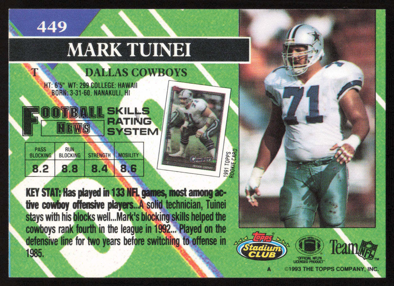 Mark Tuinei Autographed 1993 Stadium Club Card #449 Dallas Cowboys SKU #261046