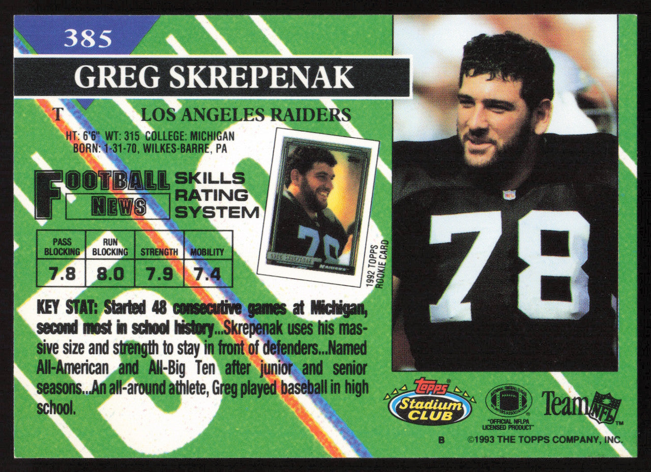 Greg Skrepenak Autographed 1993 Stadium Club Card #385 Los Angeles Raiders SKU #261051