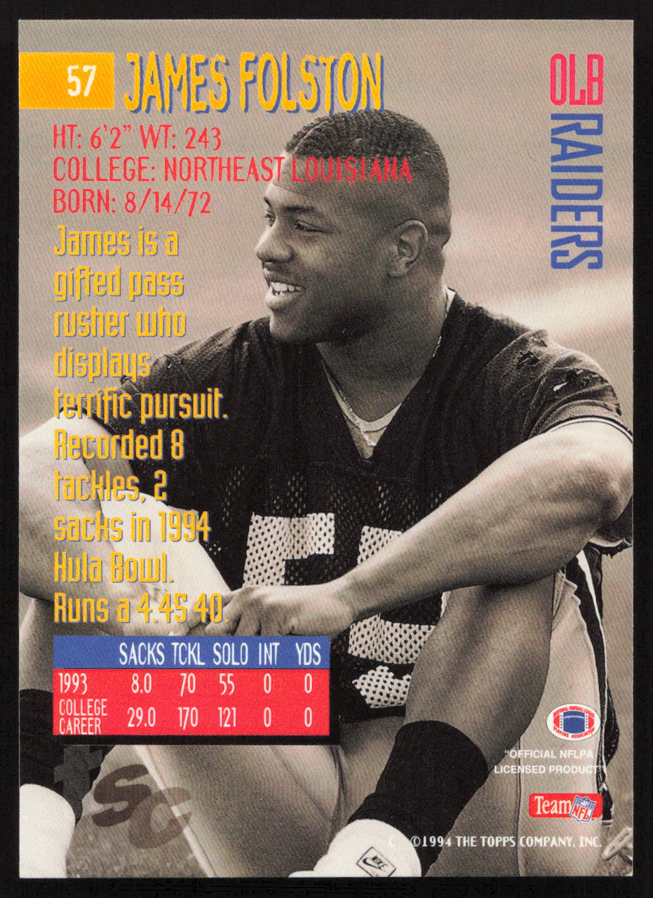 James Folston Autographed 1994 Stadium Club Card #57 Los Angeles Raiders SKU #261058