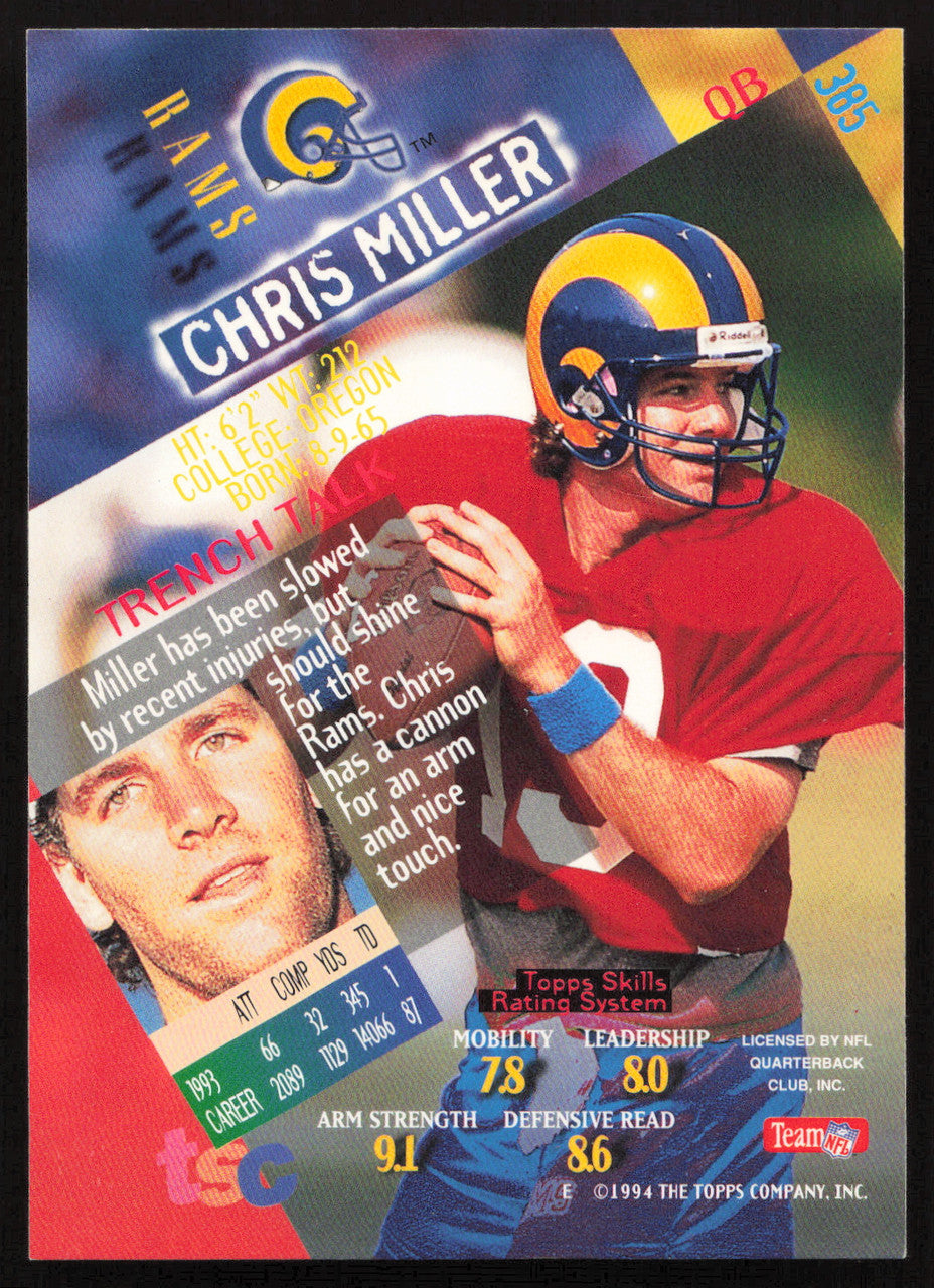 Chris Miller Autographed 1994 Stadium Club Card #385 Los Angeles Rams SKU #261059