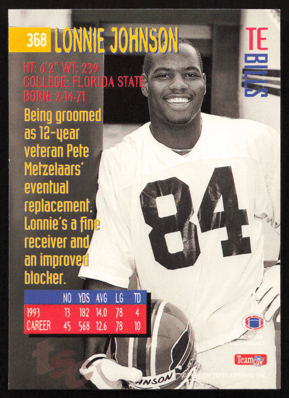 Lonnie Johnson Autographed 1994 Stadium Club Rookie Card #368 Buffalo Bills SKU #261064