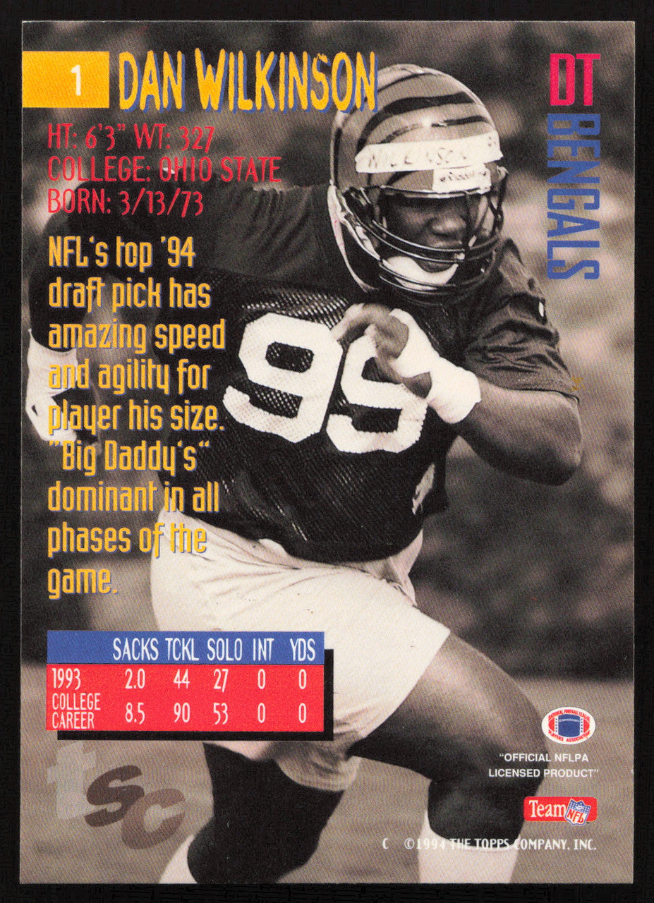 Dan Wilkinson Autographed 1994 Stadium Club Rookie Card #1 Cincinnati Bengals SKU #261065