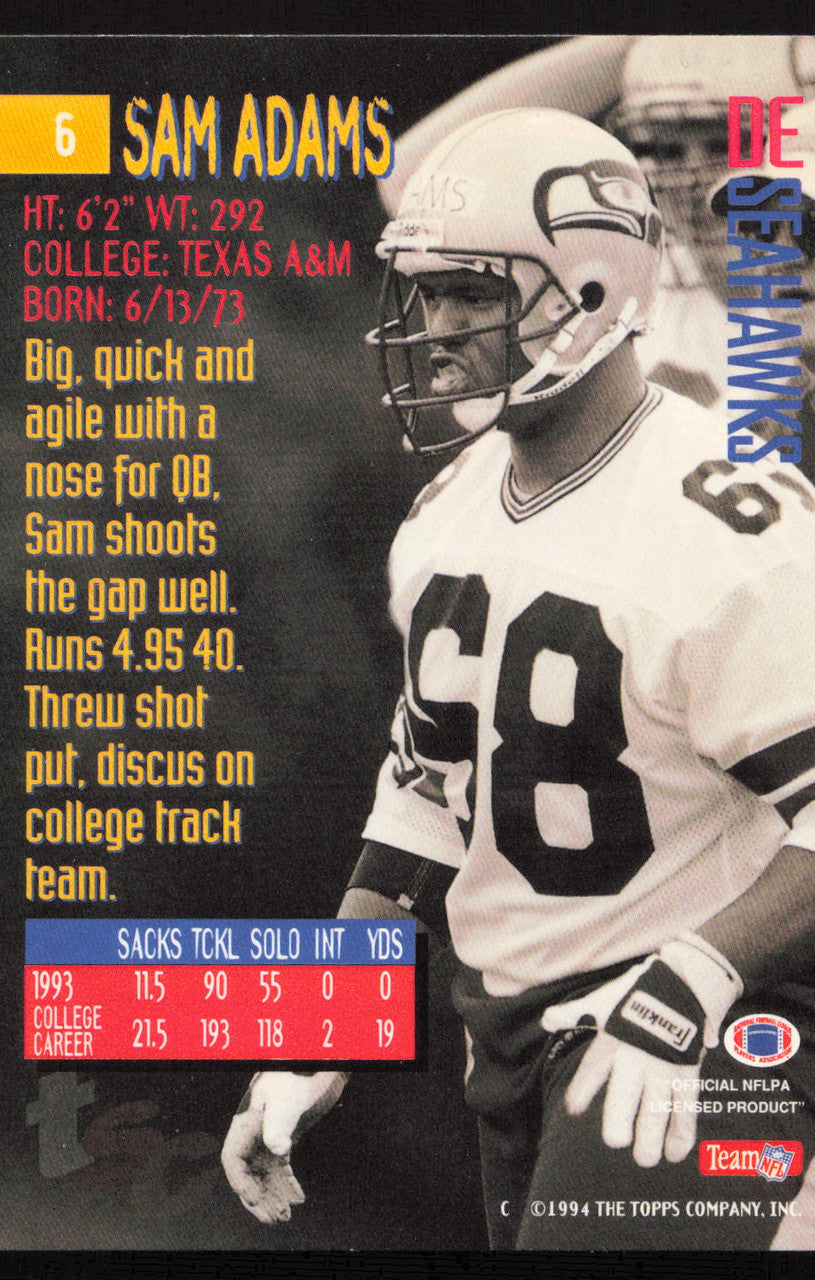 Sam Adams Autographed 1994 Stadium Club Rookie Card #6 Seattle Seahawks SKU #261066