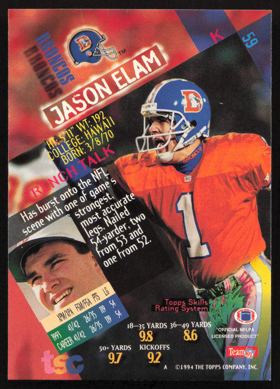 Jason Elam Autographed 1994 Stadium Club Card #59 Denver Broncos SKU #261068