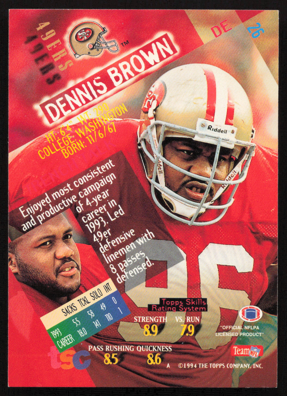 Dennis Brown Autographed 1994 Stadium Club Card #26 San Francisco 49ers SKU #261072