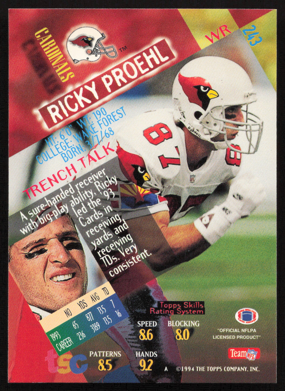 Ricky Proehl Autographed 1994 Stadium Club Card #243 Arizona Cardinals SKU #261082