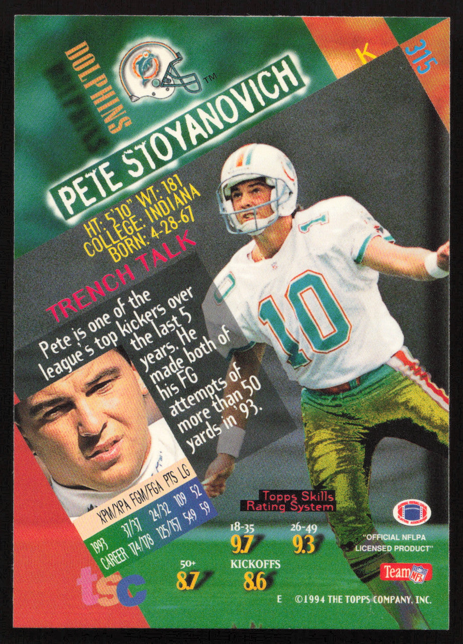 Pete Stoyanovich Autographed 1994 Stadium Club Card #315 Miami Dolphins SKU #261092