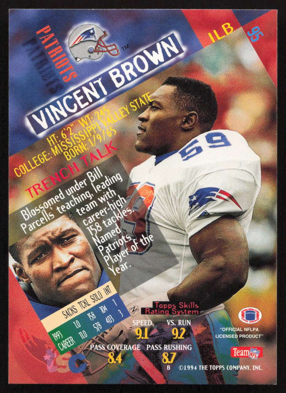 Vincent Brown Autographed 1994 Stadium Club Card #95 New England Patriots SKU #261100