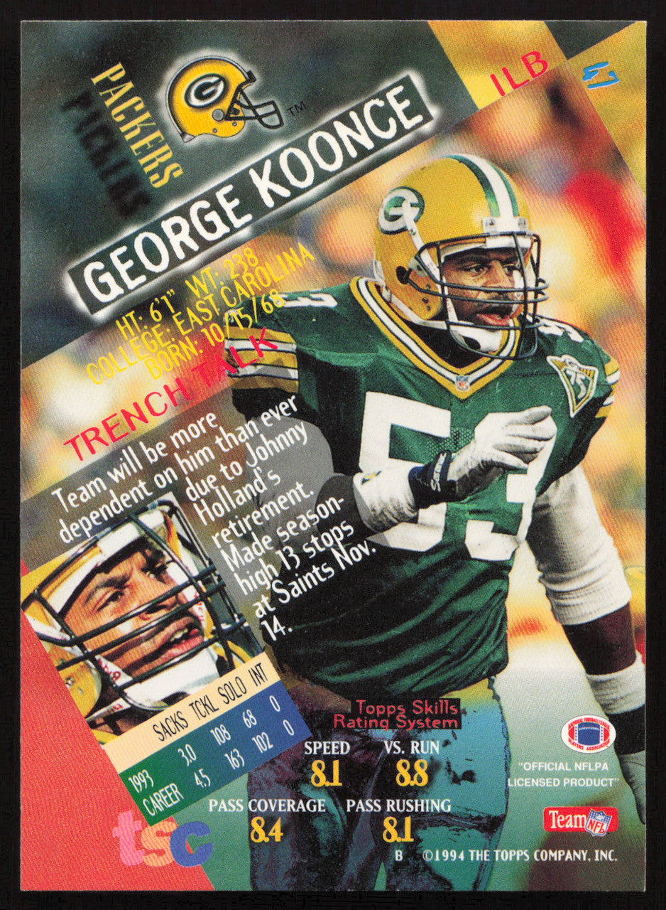 George Koonce Autographed 1994 Stadium Club Card #47 Green Bay Packers SKU #261101