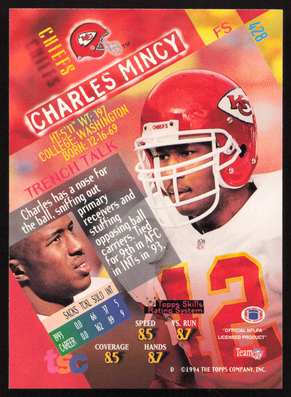 Charles Mincy Autographed 1994 Stadium Club Card #428 Kansas City Chiefs SKU #261108