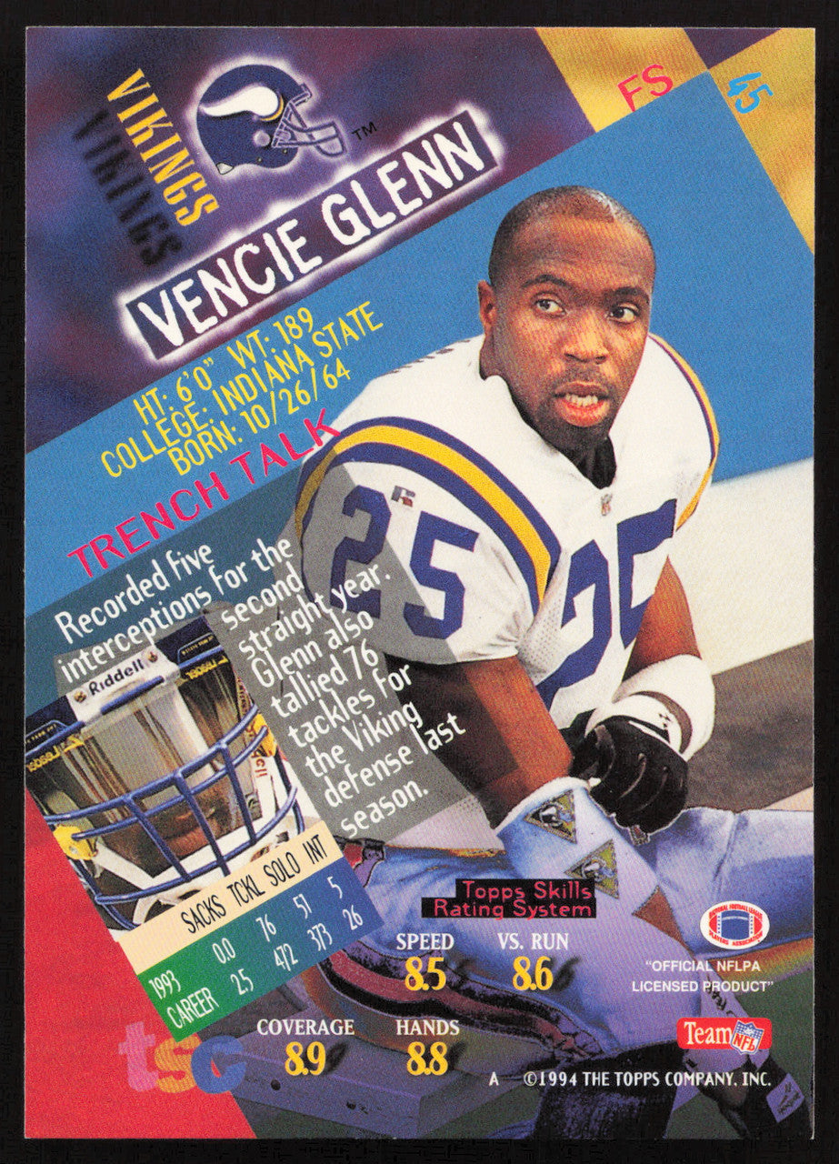 Vencie Glenn Autographed 1994 Stadium Club Card #45 Minnesota Vikings SKU #261110