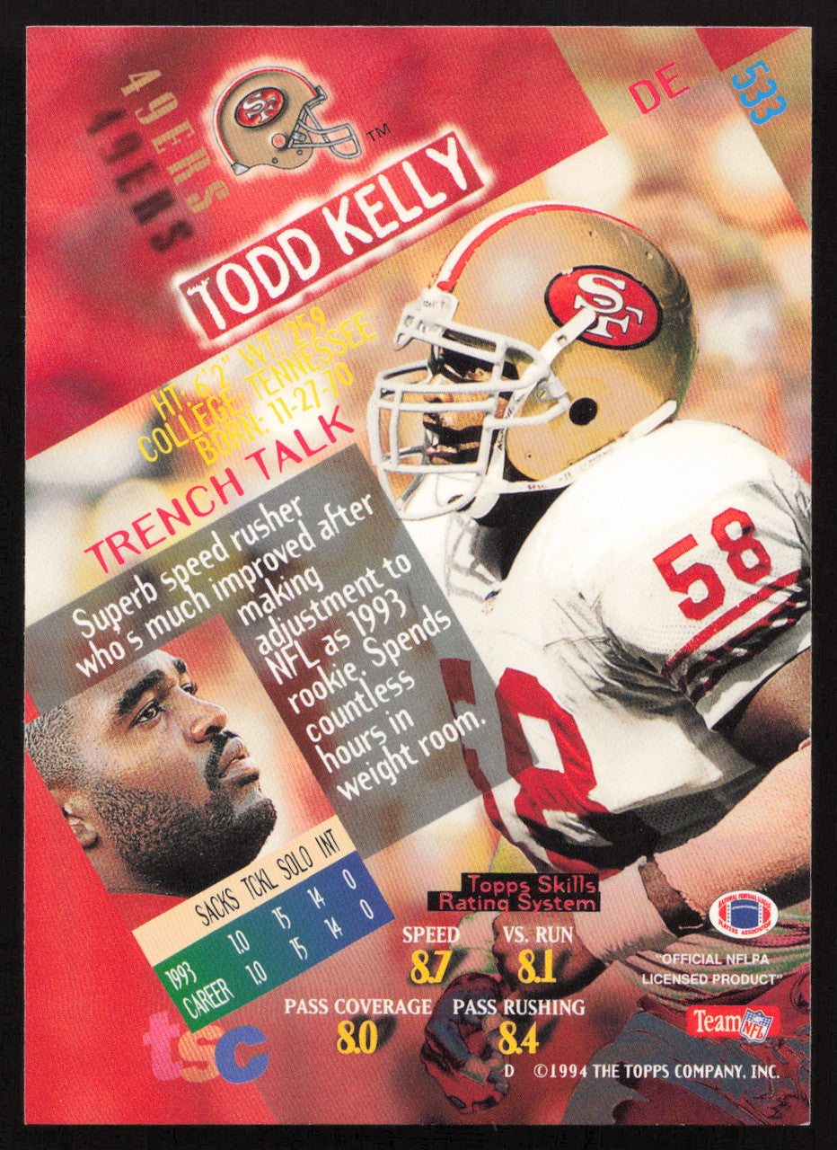 Todd Kelly Autographed 1994 Stadium Club Card #533 San Francisco 49ers SKU #261116
