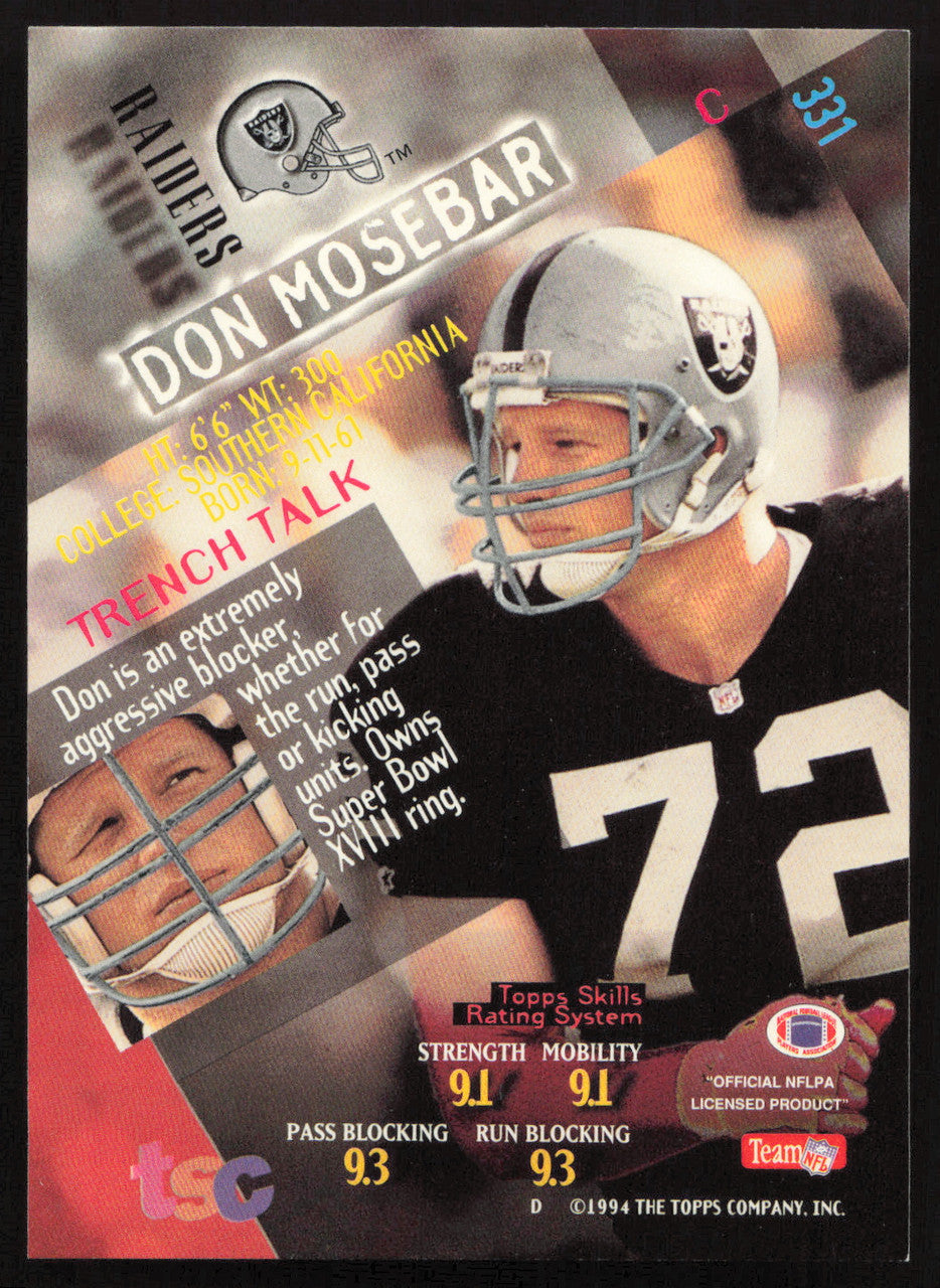 Don Mosebar Autographed 1994 Stadium Club Card #331 Los Angeles Raiders SKU #261119