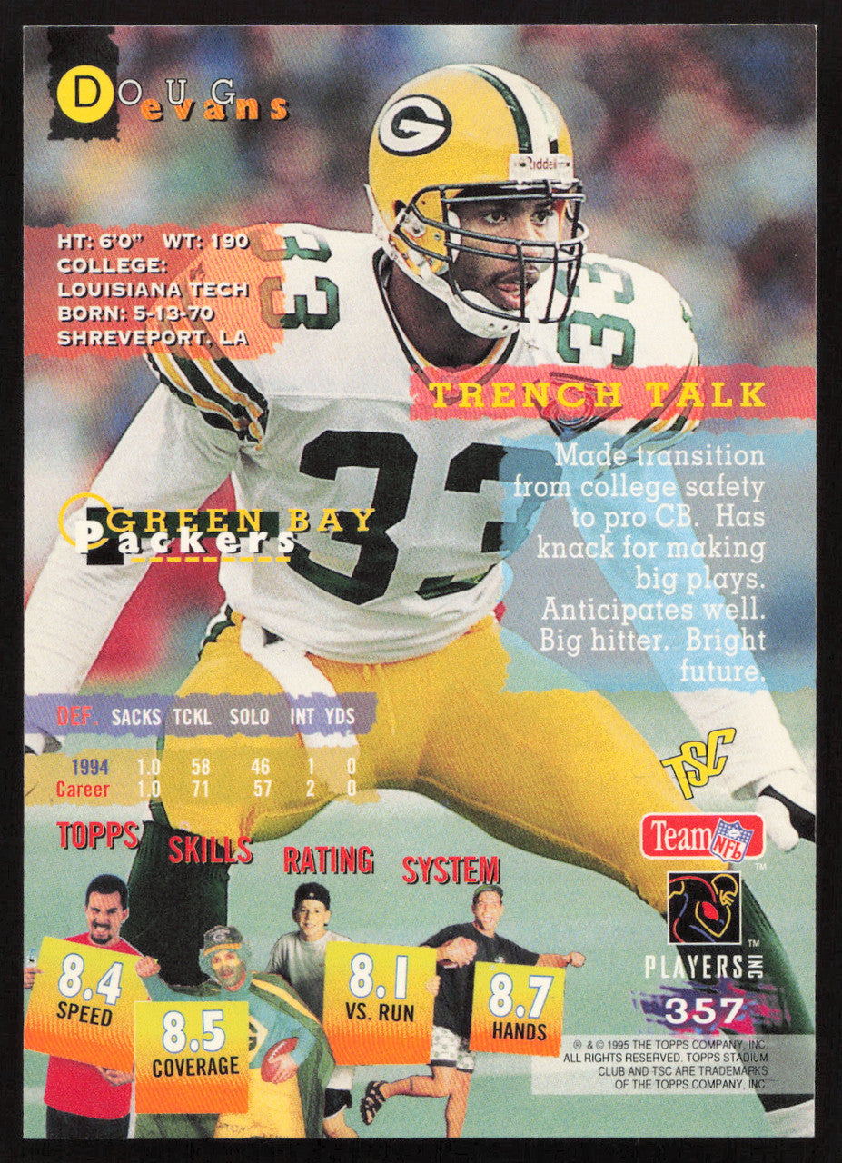 Doug Evans Autographed 1995 Stadium Club Card #357 Green Bay Packers SKU #261139