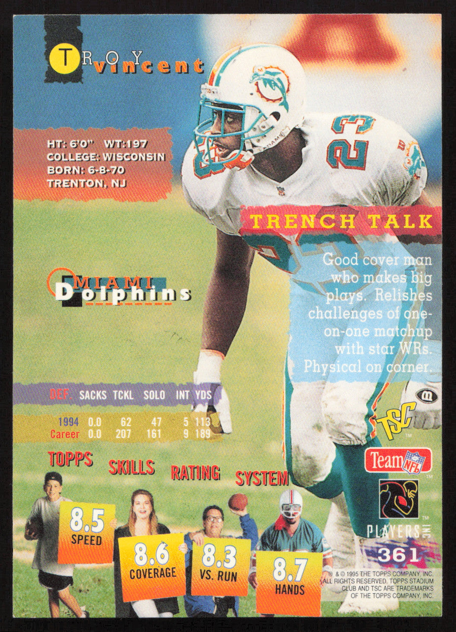 Troy Vincent Autographed 1995 Stadium Club Card #361 Miami Dolphins SKU #261140