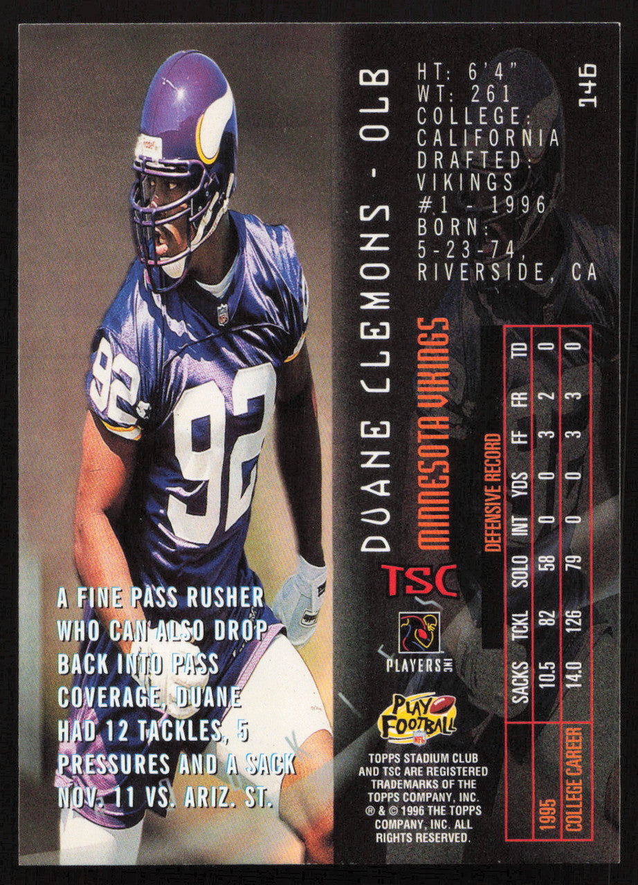 Duane Clemons Autographed 1996 Stadium Club Rookie Card #146 Minnesota Vikings SKU #261218