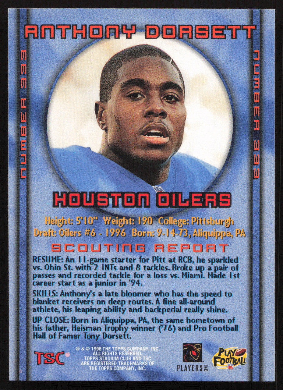 Anthony Dorsett Autographed 1996 Stadium Club Rookie Card #333 Houston Oilers SKU #261222