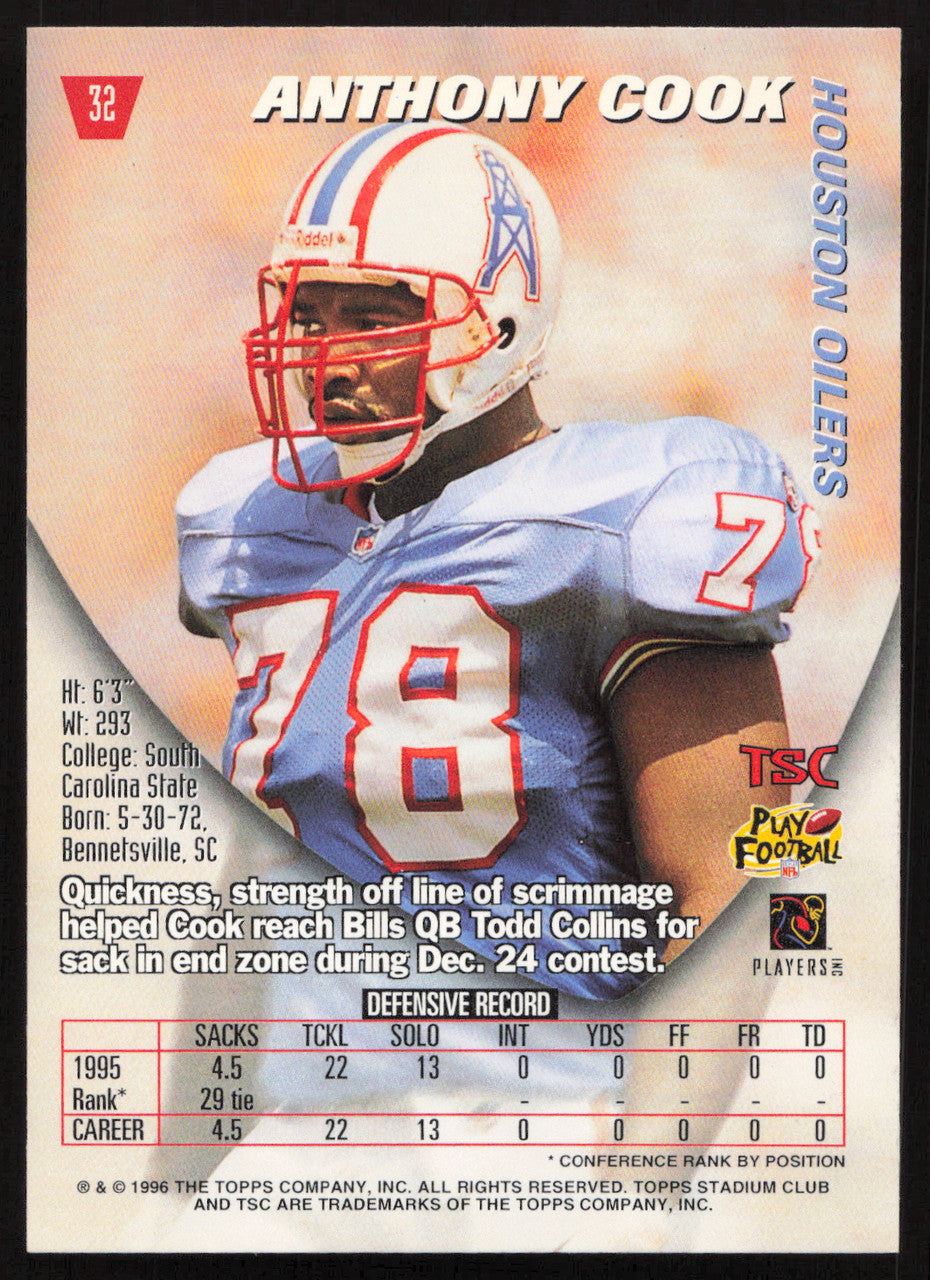 Anthony Cook Autographed 1996 Stadium Club Card #32 Houston Oilers SKU #261230