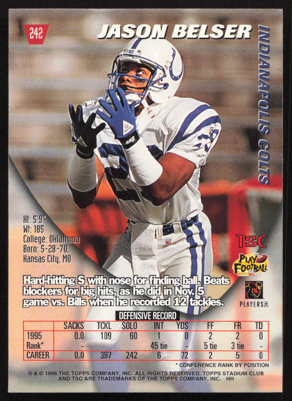 Jason Belser Autographed 1996 Stadium Club Card #242 Indianapolis Colts SKU #261238