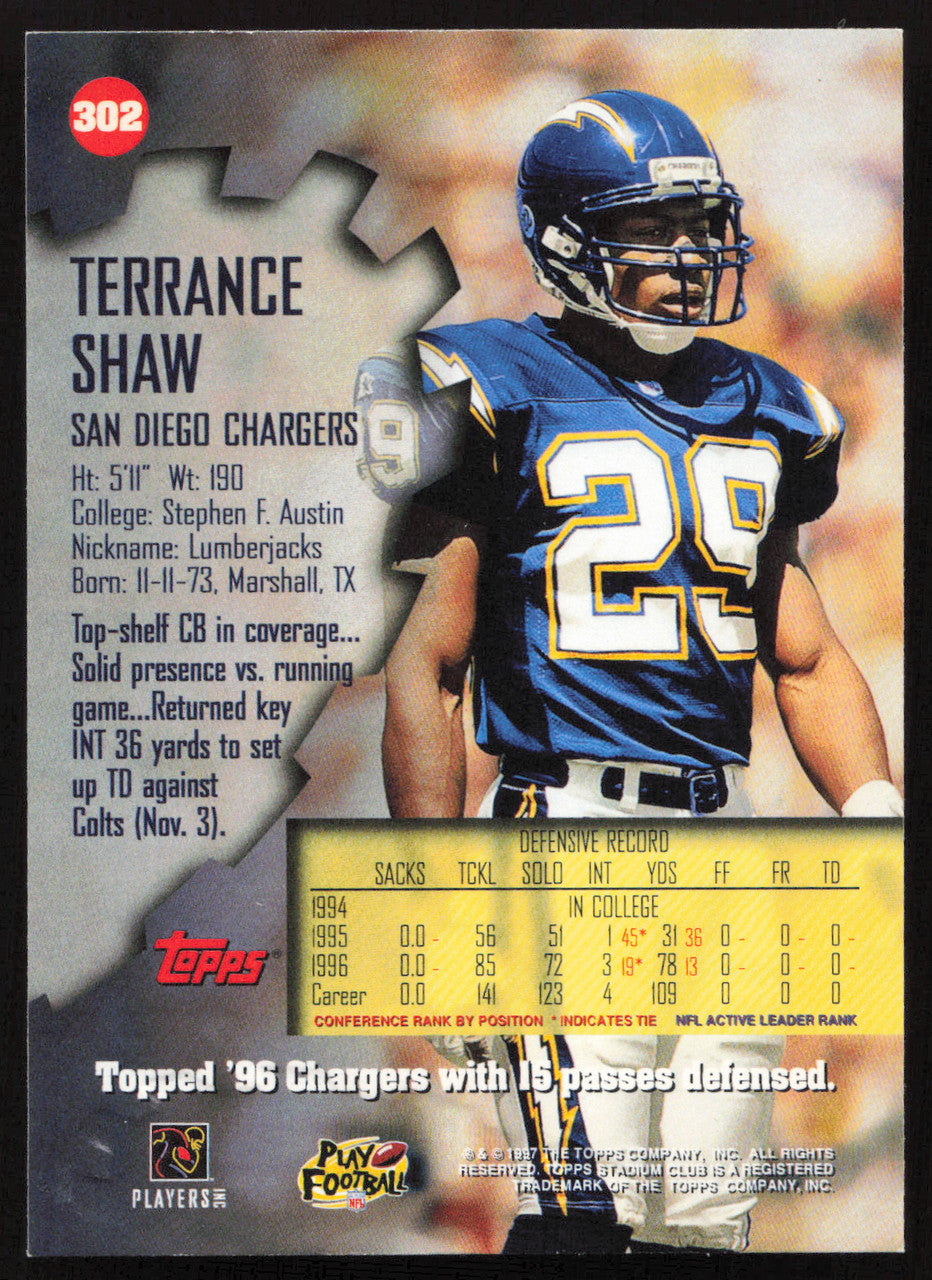 Terrance Shaw Autographed 1997 Stadium Club Card #302 San Diego Chargers SKU #261252