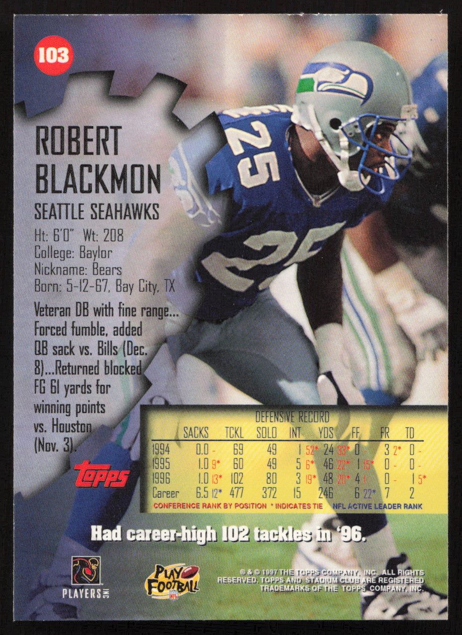 Robert Blackmon Autographed 1997 Stadium Club Card #103 Seattle Seahawks SKU #261253