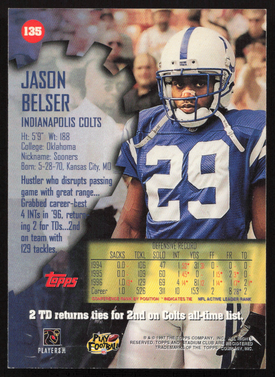 Jason Belser Autographed 1997 Stadium Club Card #135 Indianapolis Colts SKU #261258