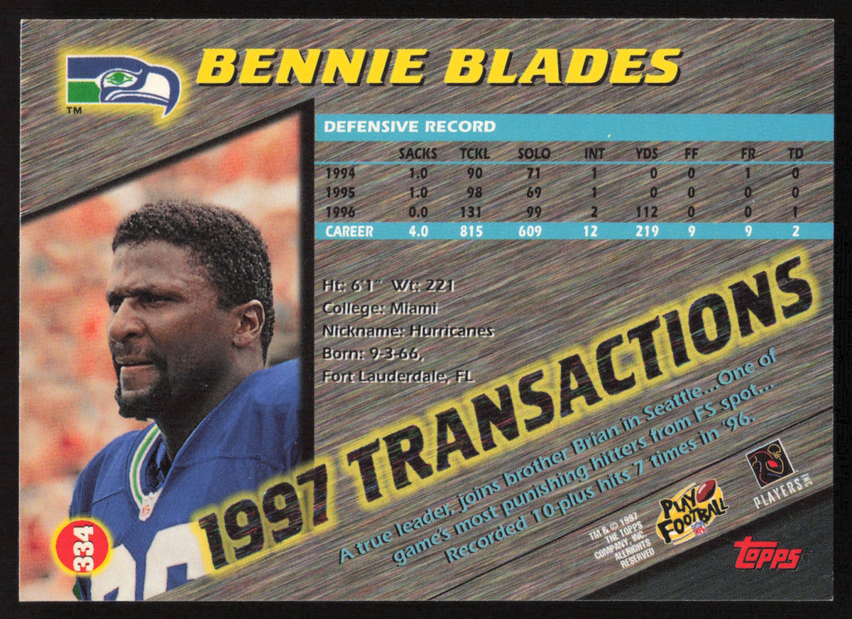 Bennie Blades Autographed 1997 Stadium Club Card #334 Seattle Seahawks SKU #261260