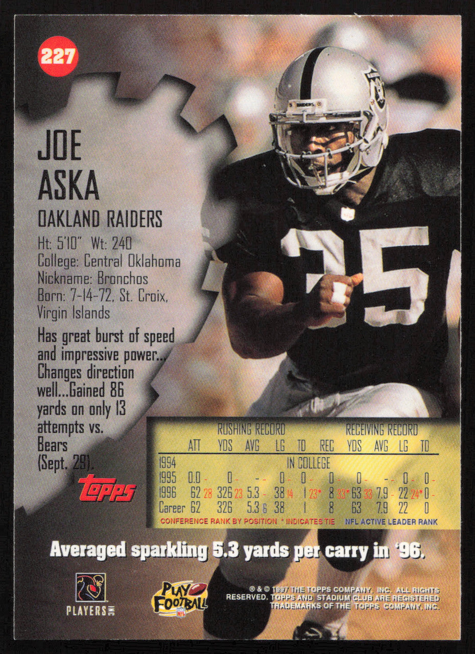 Joe Aska Autographed 1997 Stadium Club Card #227 Oakland Raiders SKU #261280