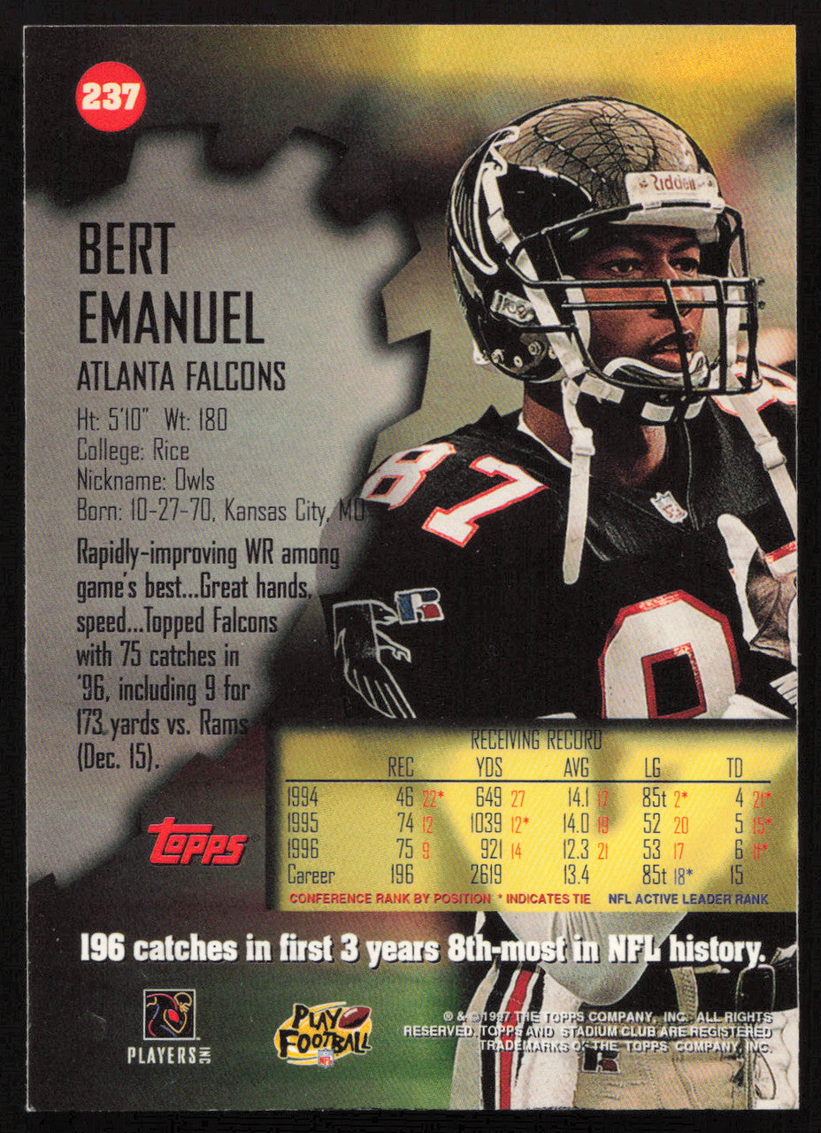 Bert Emanuel Autographed 1997 Stadium Club Card #237 Atlanta Falcons SKU #261282